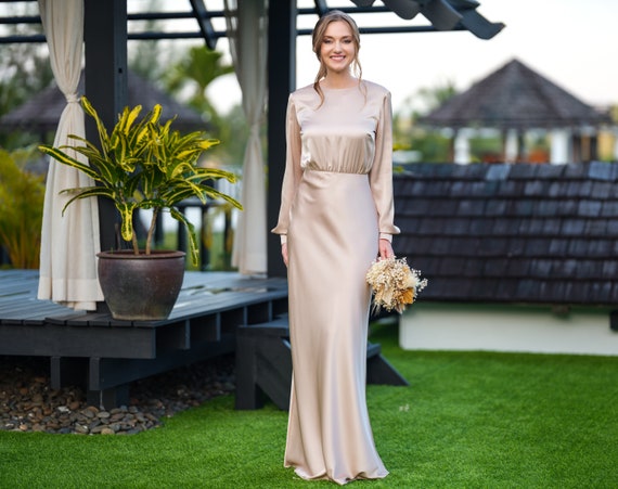 Champagne Beige Silk Long Dress Bridesmaid Dress Wedding Guest Dress Evening Dress Long Sleeves Dress Bridal Party Attire Long Dress Etsy UK