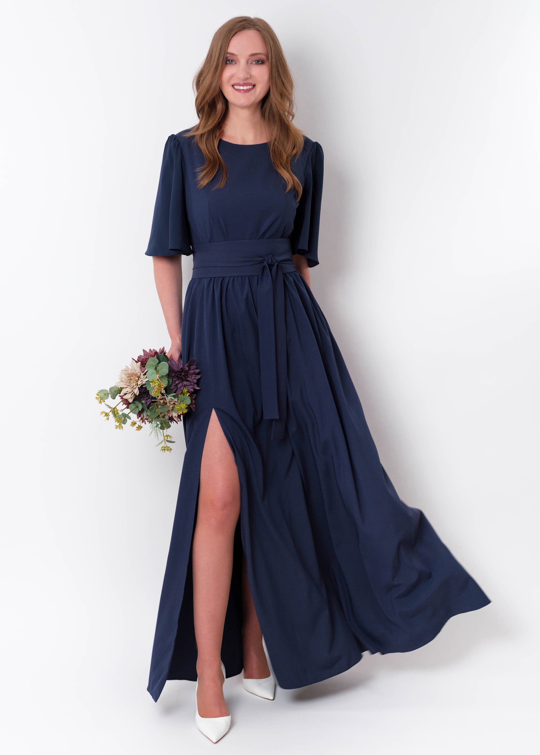navy blue dress with tan belt Stradivarius Two-Material Sleeveless Midi Dress With Belt Brown Xs