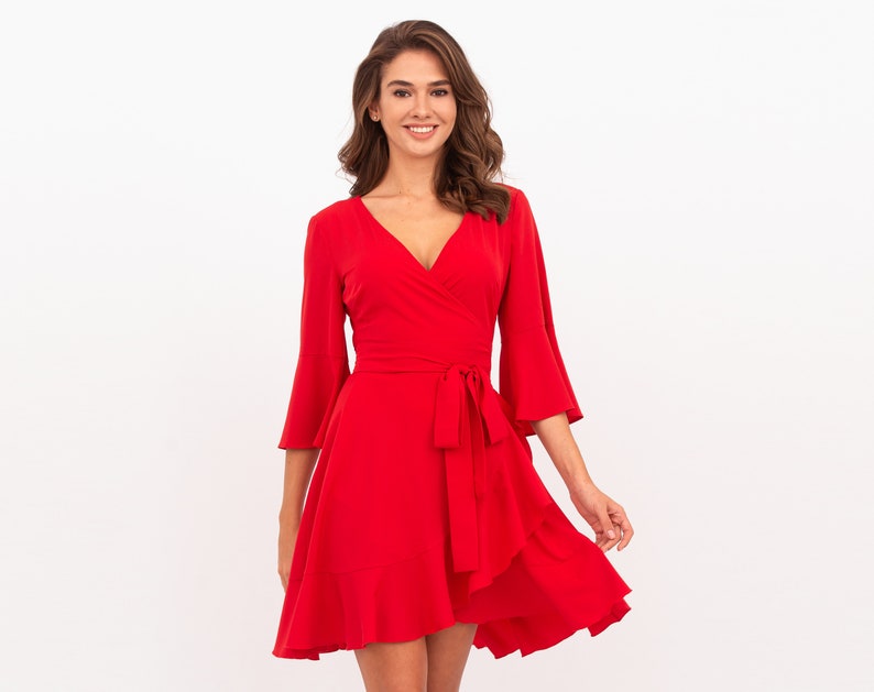 Red Wrap Around Dress Short Dress Long Dress Wedding Guest Etsy