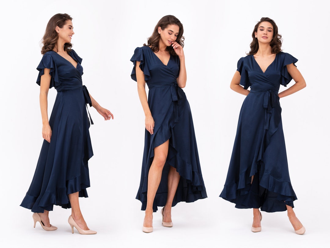 Navy Blue Dress, Silk Dress, Wrap Dress, Bridesmaid Dress, Wedding ...