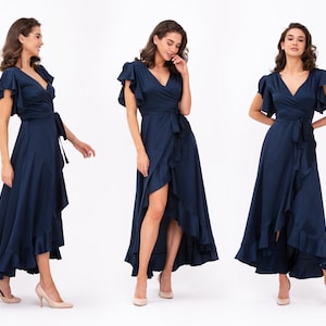 Navy blue dress, silk dress, wrap dress, bridesmaid dress, wedding guest dress, women dress, maxi dress, evening dress, long dress