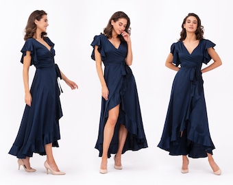 Navy blue dress, silk dress, wrap dress, bridesmaid dress, wedding guest dress, women dress, maxi dress, evening dress, long dress