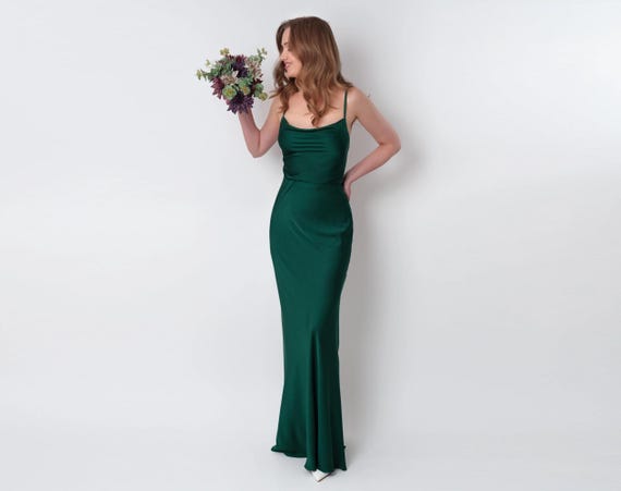 Dark Green Silk Slit Dress, Bridesmaid Dress, Silk Satin Dress, Wedding Guest Dress, Evening Dress, Wedding Cocktail Party Dress