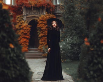 Velvet dress in Black: long dress with Long sleeve and floor-length gown for Halloween, Fall, Winter Weddings, Special Occasions, Christmas