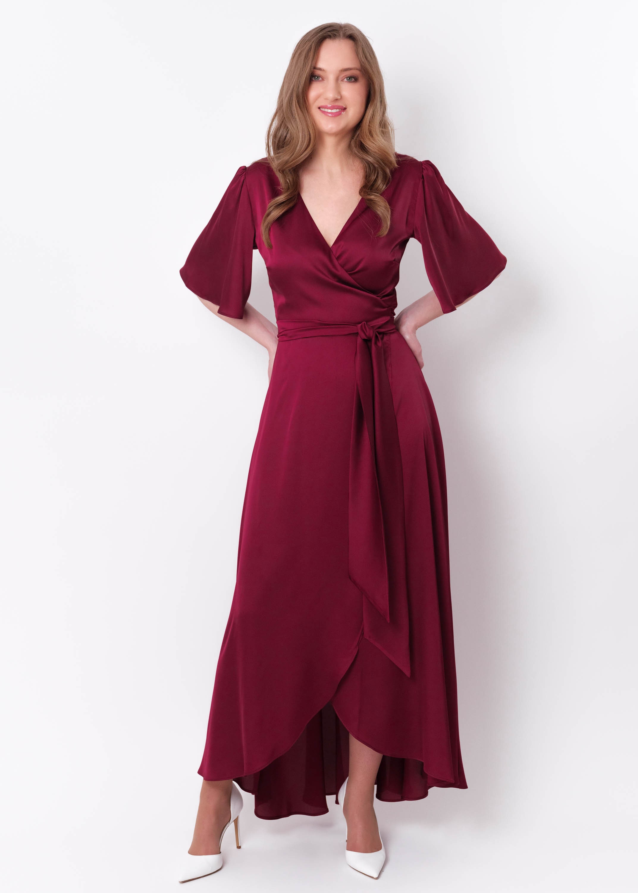 Burgundy silk dress, silk dress, wrap dress, bridesmaid dress, wedding guest dress, women dress, evening dress, long dress