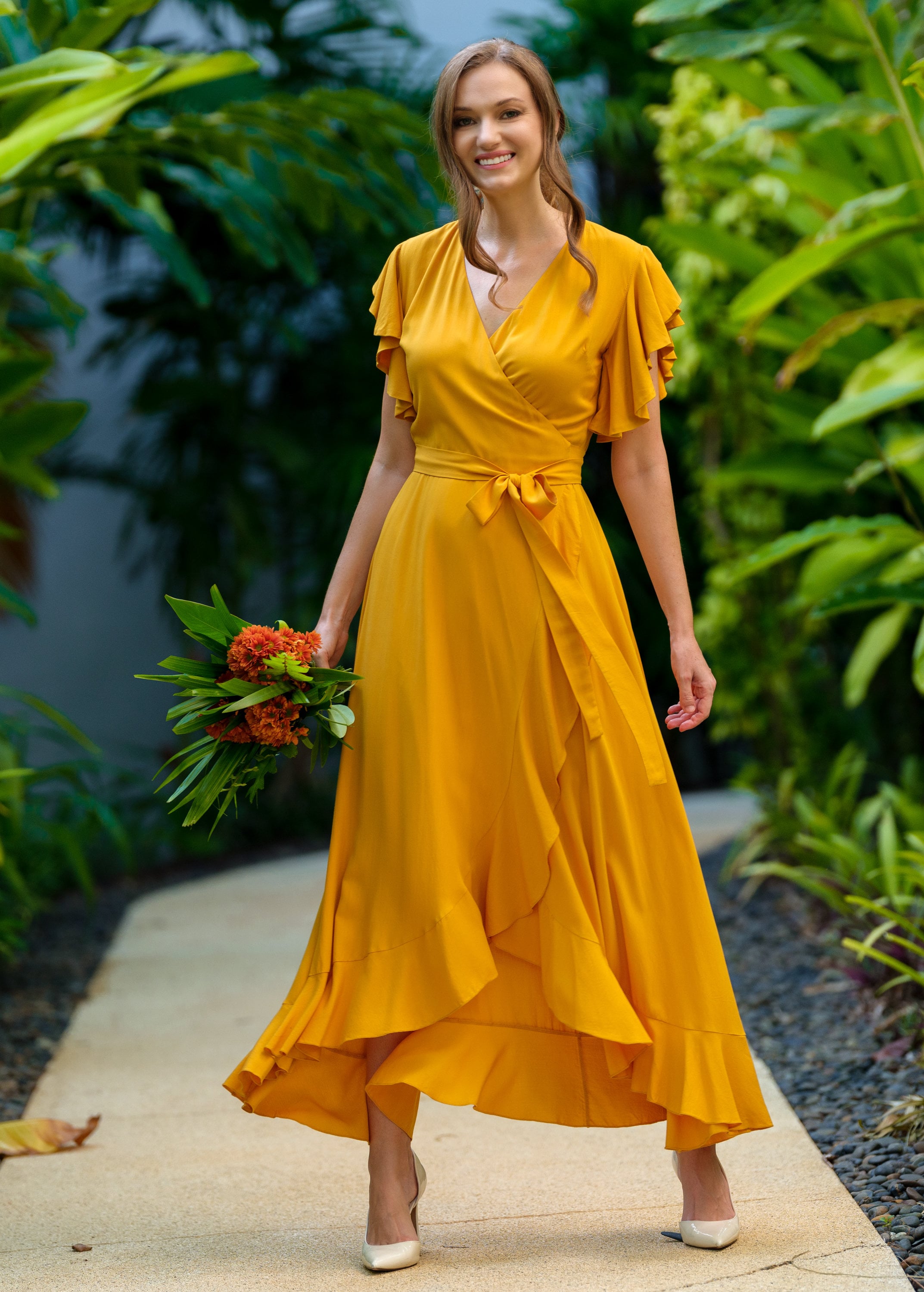blue dress for baby girl TFNC Petite Bridesmaid satin fallen shoulder maxi dress with wrap skir –  ASOS Sample Sale main image 1
