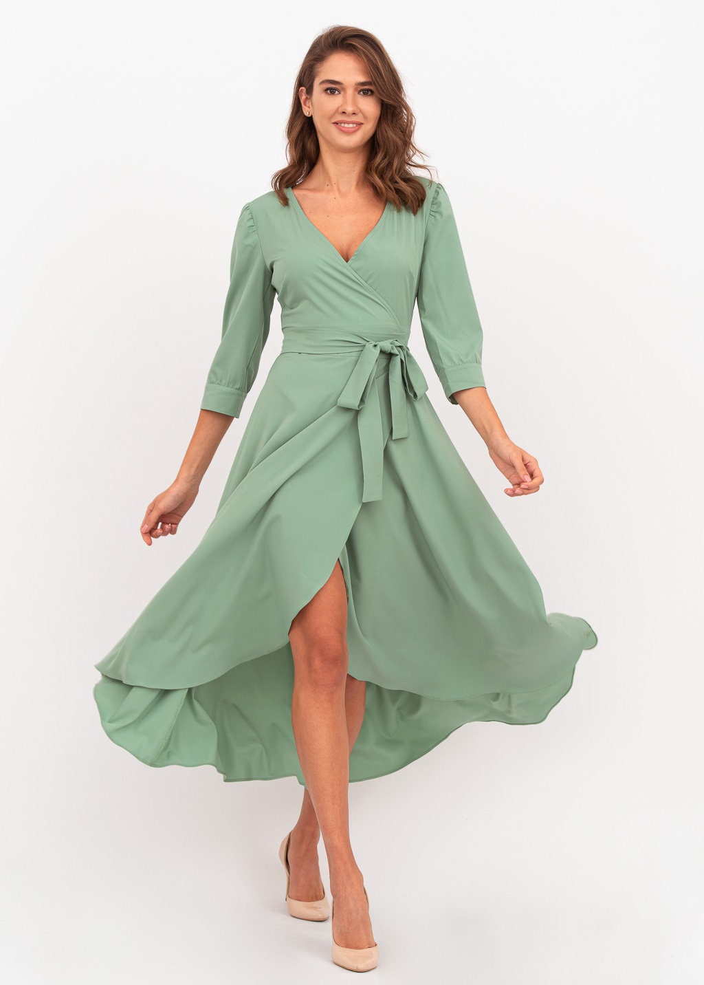 Sage Green Long Wrap Dress, Bridesmaid Dress, Cocktail Dress, Wedding Guest Dress, Mini Party Dress, Prom Dress, Summer Sage Green Dress