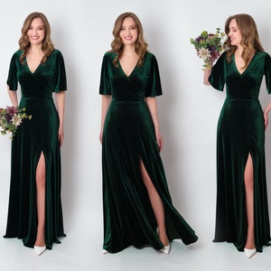 Emerald green velvet wrap slit dress, bridesmaid velvet dress, wedding guest dress, velvet gown, velvet dress, maxi dress, evening dress