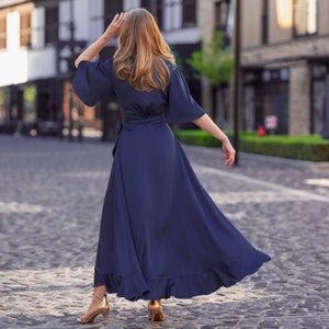 Navy blue dress, silk dress, wrap dress, bridesmaid dress, wedding guest dress, women dress, maxi dress, evening dress, long dress image 8