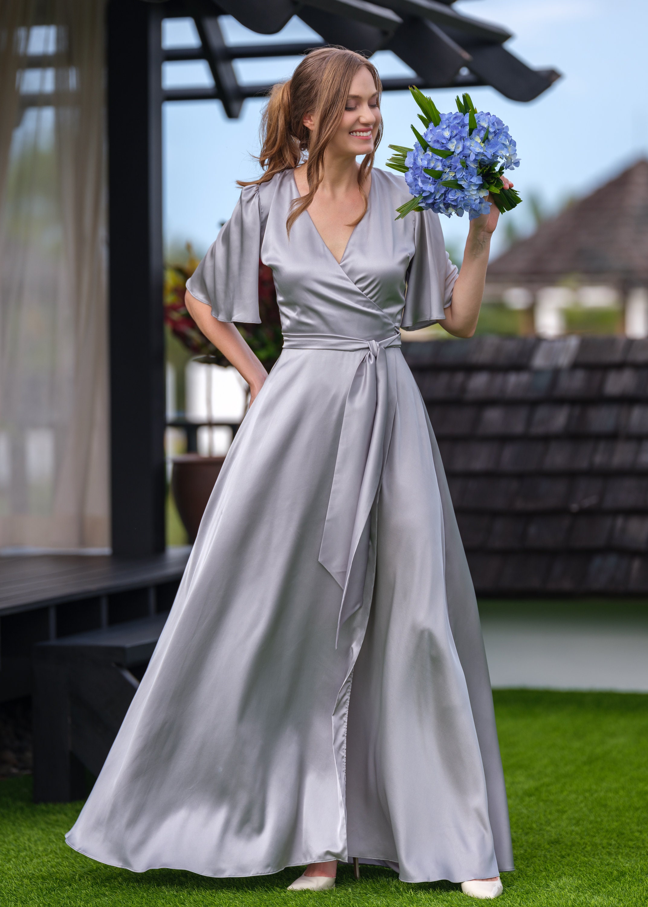 bridesmaid dress silver One Shoulder Asymmetrical Silver Bridesmaid Dress BD119 main image 1
