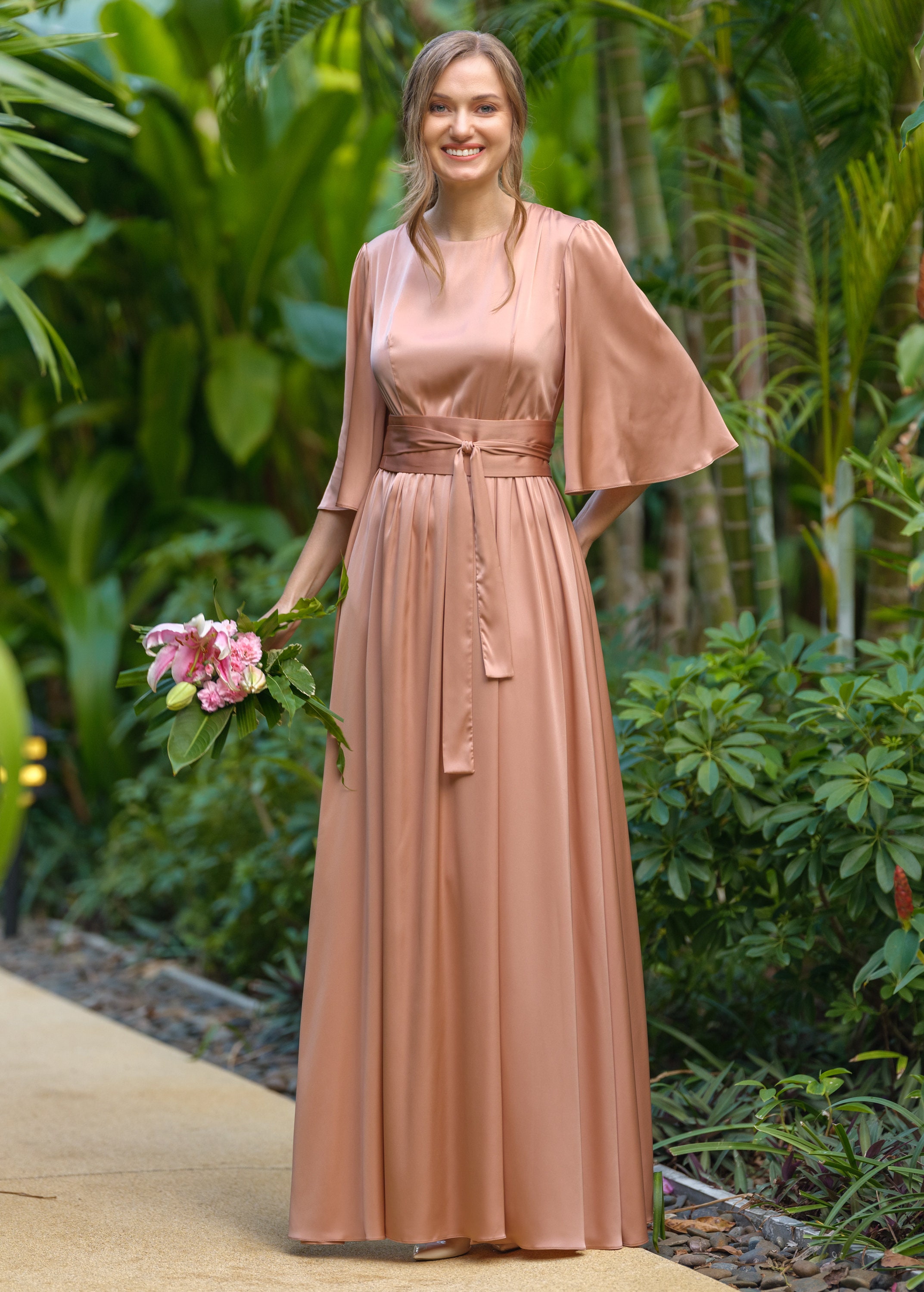 Silk dress in rose gold with belt, long slit dress, bridesmaid dress, wedding guest dress, maxi dress, evening dress, Silk bridesmaid Silk dress in rose gold with belt, long slit dress, bridesmaid dress, wedding guest dress, maxi dress, evening dress, Silk bridesmaid