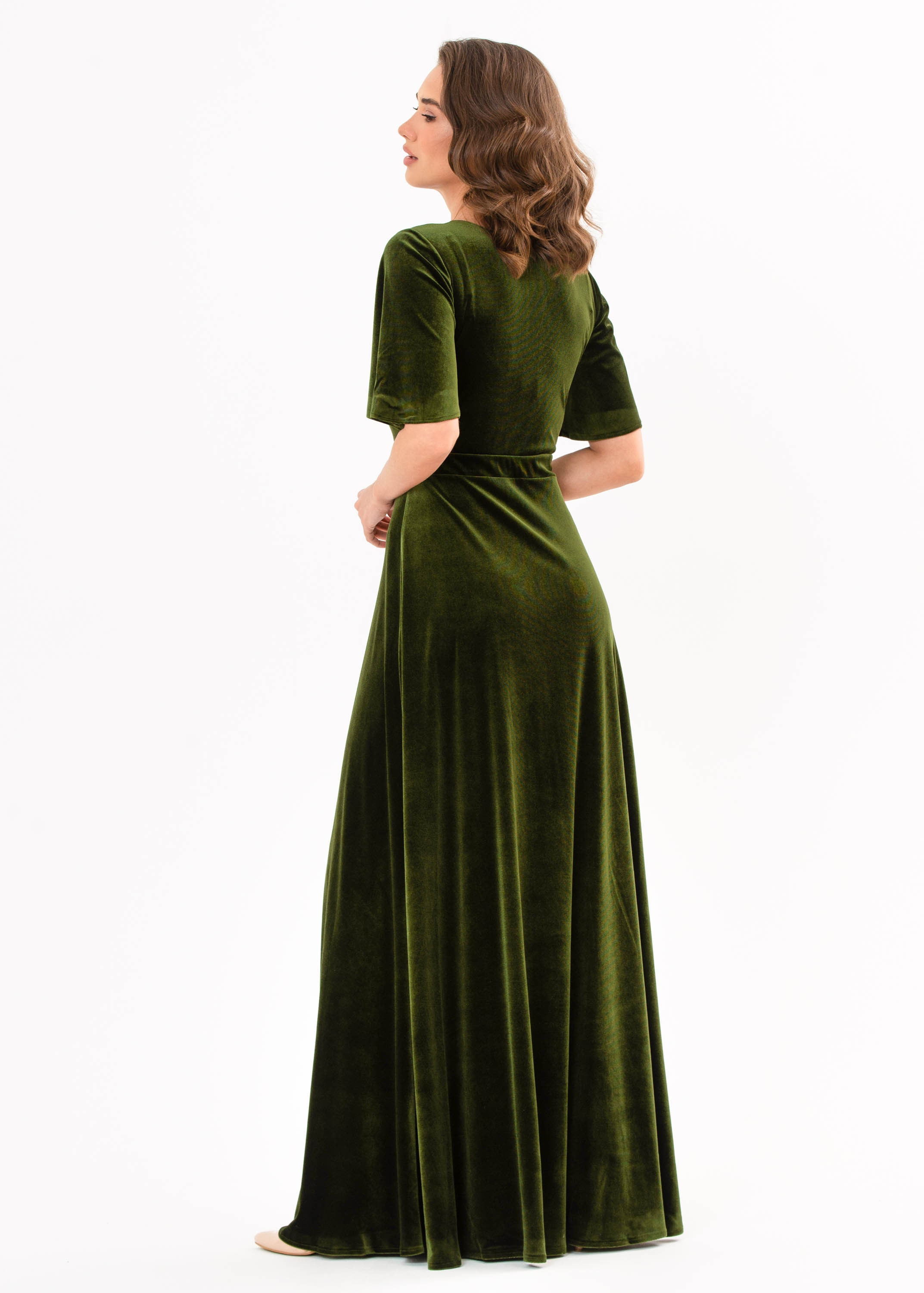 Olive Green Velvet Long Dress Bridesmaid Velvet Dress Wedding Guest Dress Velvet Slit Wrap Dress Maxi Dress Evening Dress