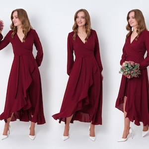 Burgundy chiffon bridesmaid dress, wedding guest dress, bridesmaids dress, chiffon long wrap dress, evening dress, formal chiffon dress