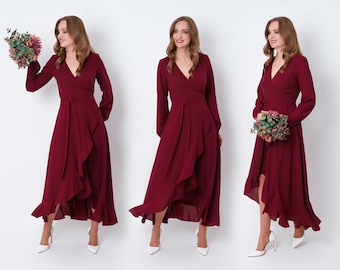 Burgundy chiffon bridesmaid dress, wedding guest dress, bridesmaids dress, chiffon long wrap dress, evening dress, formal chiffon dress