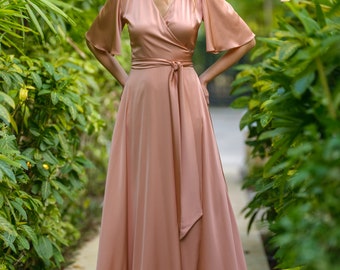 rose gold satin wrap dress Samantha Ruffle Wrap Dress ~ Rose Gold Luxe Satin 2X