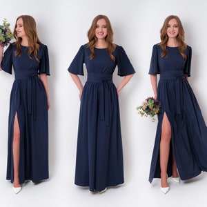 Navy blue long slit dress with belt, bridesmaid dress, cocktail dress, wedding guest dress, maxi party dress, formal dress, prom dress