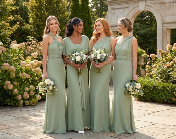 Sage Green Chiffon Infinity Dress, Multiway Bridesmaid Gown, Wedding Guest Outfit Sage Green Chiffon Infinity Dress, Multiway Bridesmaid Gown, Wedding Guest Outfit