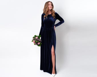 Vestido largo de terciopelo azul marino, vestido de terciopelo para dama de honor, vestido de novia, vestido de dama de honor de terciopelo, vestido de Año Nuevo, vestido largo, vestido de noche