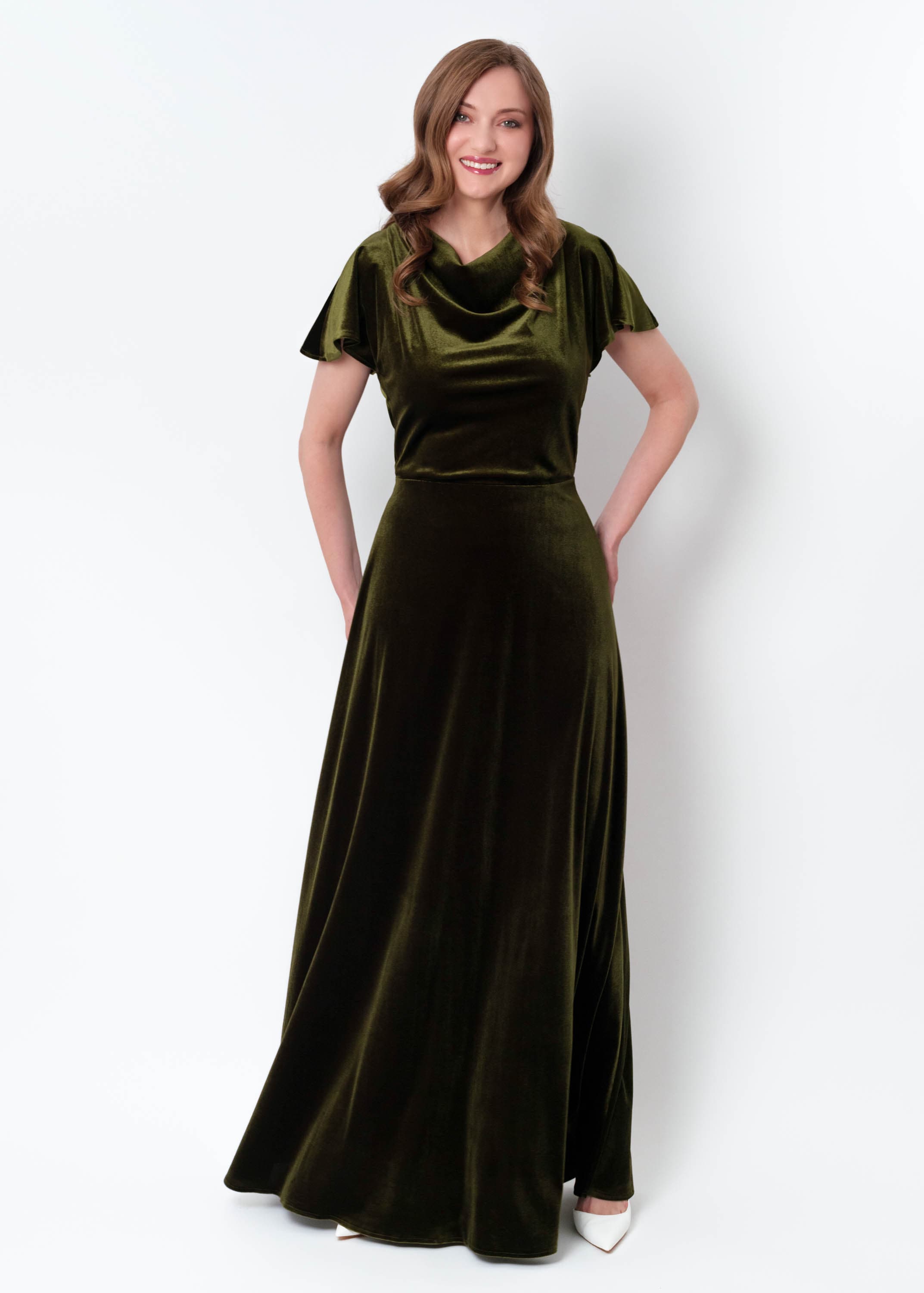 Olive Green Velvet Maxi Dress: Elegant Long Sleeve Gown, Fall Wedding Guest, Modest Bridesmaid