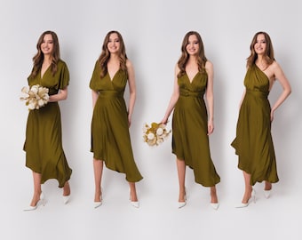 Robe infinie, robe en soie olive, robe de demoiselle d'honneur, robe en satin de soie, robe multi-tours, robe convertible, robe multi-voies