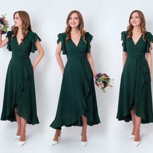 Vestido de dama de honor de gasa verde oscuro, vestido de invitada de boda, vestido de dama de honor, vestido largo cruzado de gasa, vestido de noche, vestido formal de gasa