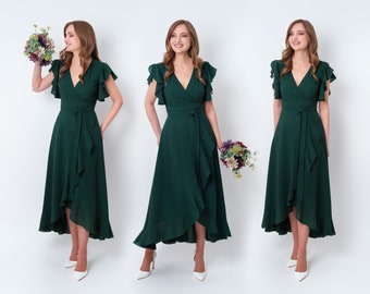 Dark green chiffon bridesmaid dress, wedding guest dress, bridesmaids dress, chiffon long wrap dress, evening dress, formal chiffon dress