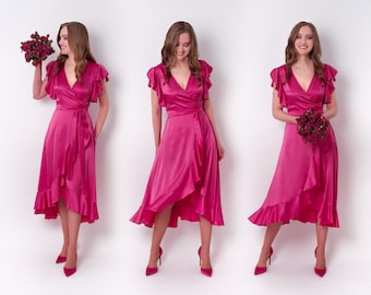 Hot pink dress, silk dress, wrap dress, bridesmaid dress, wedding guest dress, women dress, maxi dress, evening dress, long dress