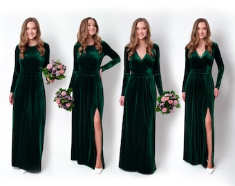 Emerald green velvet long dress, bridesmaid velvet dress, wedding dress, velvet bridesmaid dress, New Year dress, maxi dress, evening dress