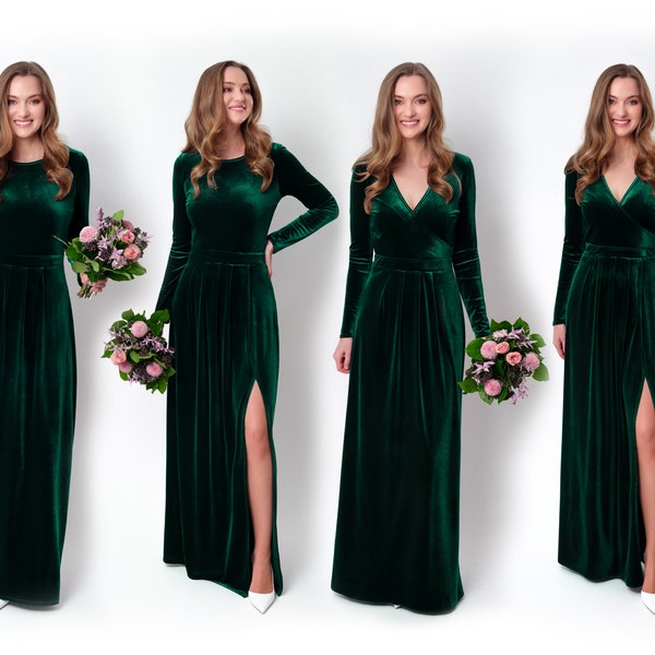 Emerald green velvet long dress, bridesmaid velvet dress, wedding dress, velvet bridesmaid dress, New Year dress, maxi dress, evening dress