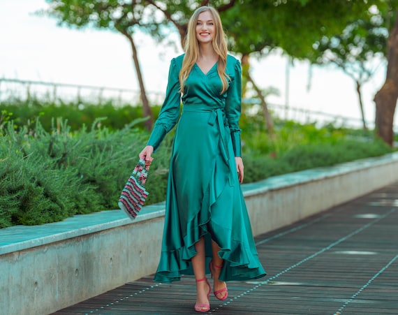 Emerald green sales silk wrap dress