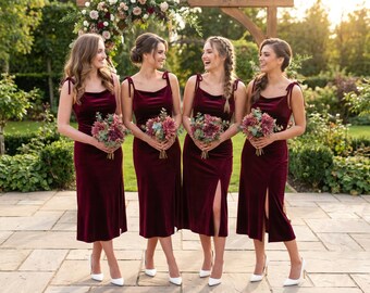 Velvet Midi Dress with Slit in Burgundy: Formal, Evening & Bridesmaid, Wedding Guest Gown