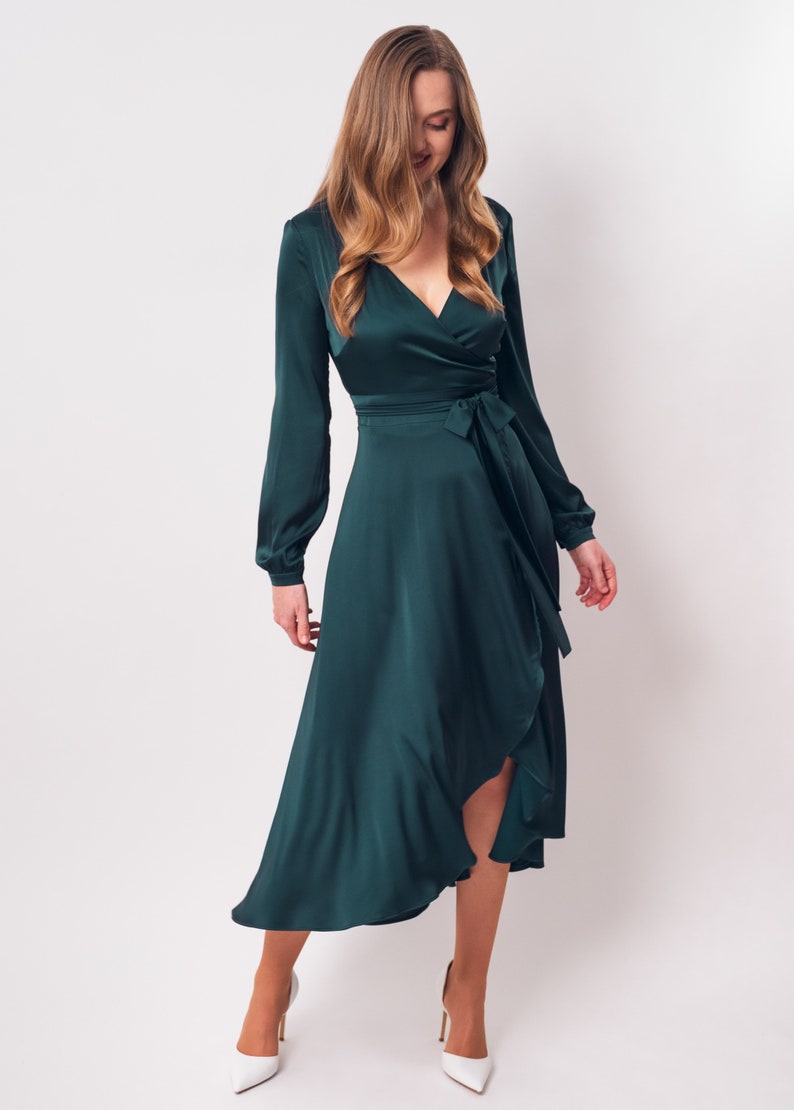 Forest Green Silk Dress Silk Dress Wrap Dress Bridesmaid Etsy
