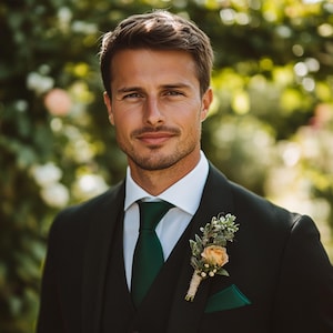 Puede incluir: Un hombre con un traje negro, corbata verde y un boutonniere con una pequeña flor naranja. Está de pie frente a un fondo verde frondoso.