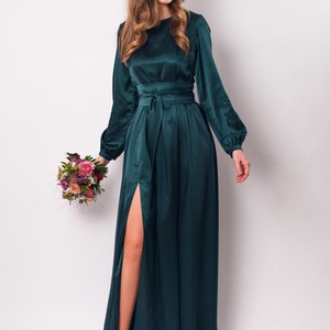 Dark Teal Green Silk Dress With Belt Long Slit Dress - Etsy