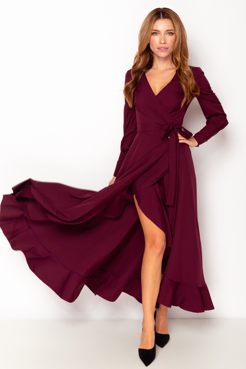 Burgundy Long Wrap Around Dress Bridesmaid Dress Cocktail Etsy