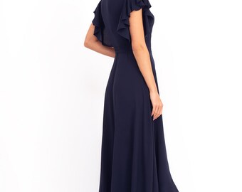 slim fit dress slacks Navy Flutter Cold Shoulder Chiffon Slit Wrap Bridesmaid Dress
