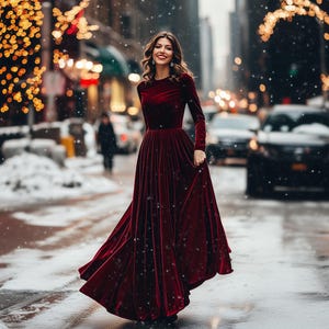 Velvet dress | Burgundy long dress | Long sleeve floor-length gown | Perfect for Holiday Parties, Winter Weddings & Special Occasions