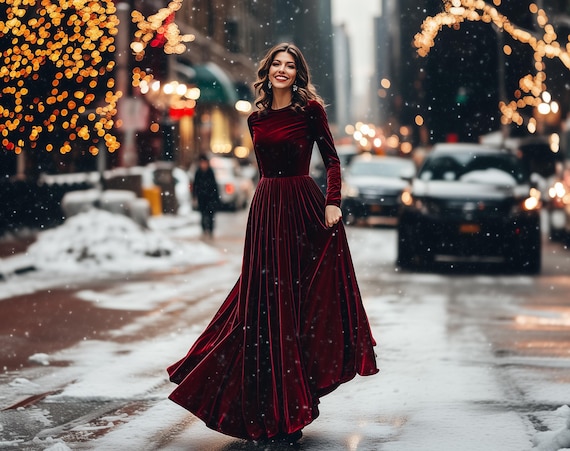 Abito in velluto blu navy: abito lungo fino a terra con maniche lunghe, per feste di Natale, matrimoni invernali, occasioni speciali - Italia