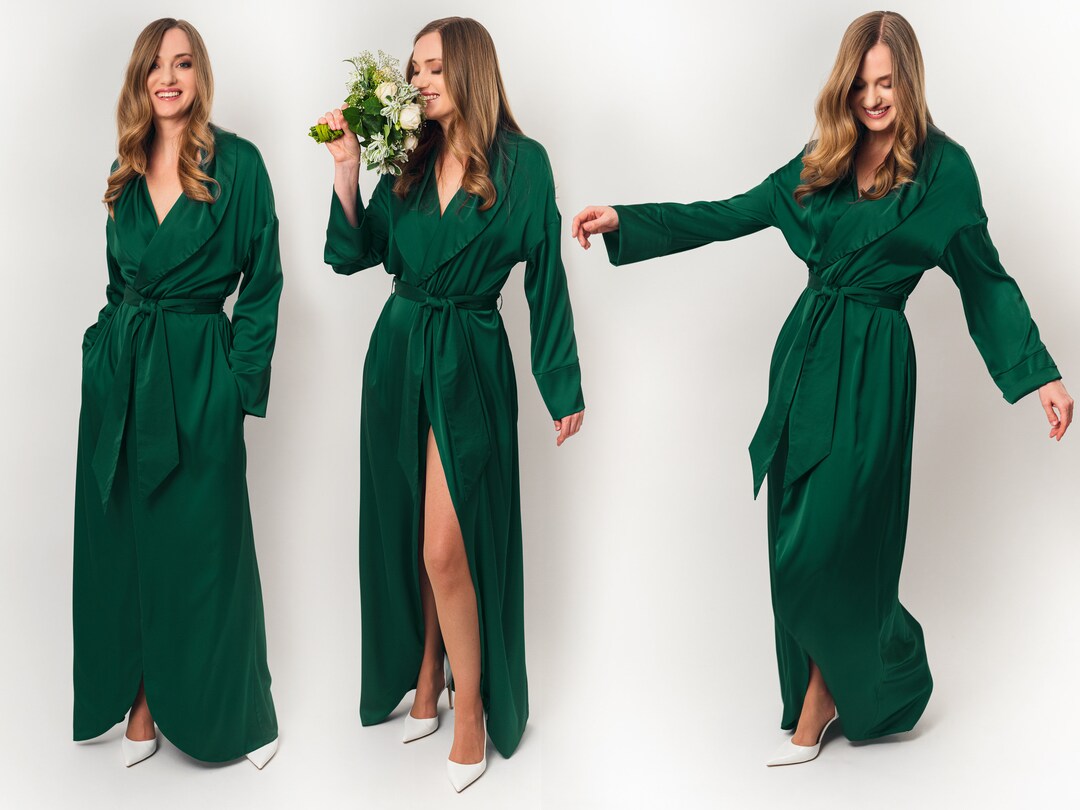 Emerald Green Long Silk Robe, Bride Robe, Bridesmaid Robe, Luxury Silk Robe, Wedding Robe