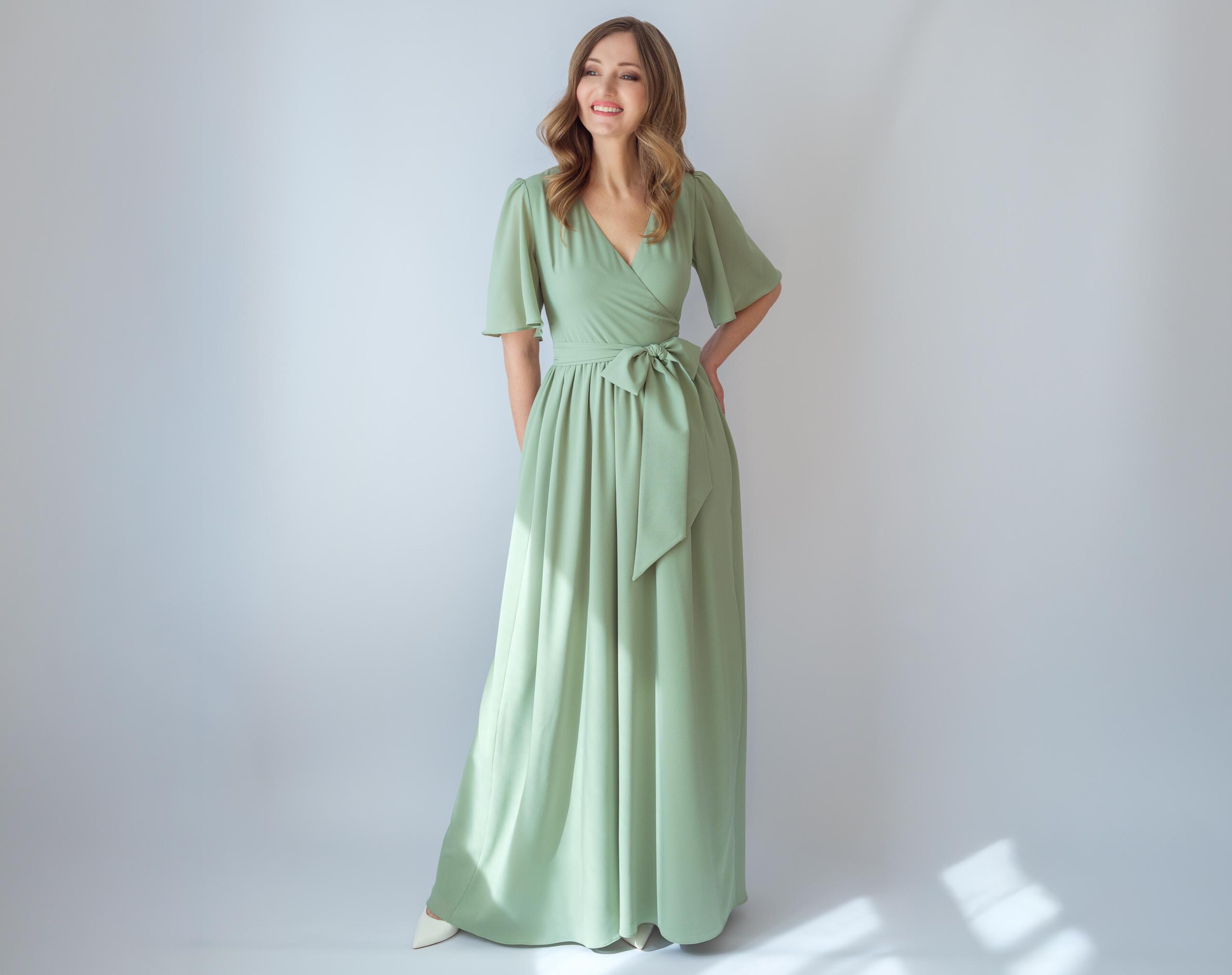 etsy sage green dress Sage Green Ankle Length Lace Prom Dress with Bubble Sleeves