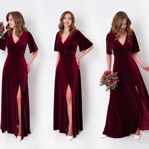 Plum burgundy velvet long slit dress, bridesmaid velvet dress, wedding guest dress, velvet gown, velvet dress, maxi dress, evening dress