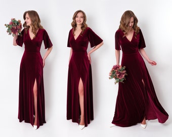 Plum burgundy velvet long slit dress, bridesmaid velvet dress, wedding guest dress, velvet gown, velvet dress, maxi dress, evening dress