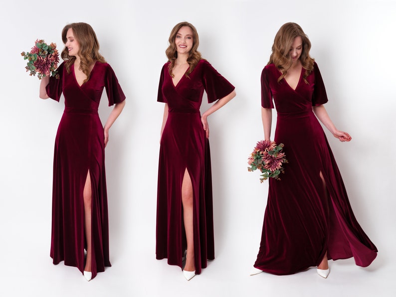 Plum burgundy velvet long slit dress bridesmaid velvet dress image 1