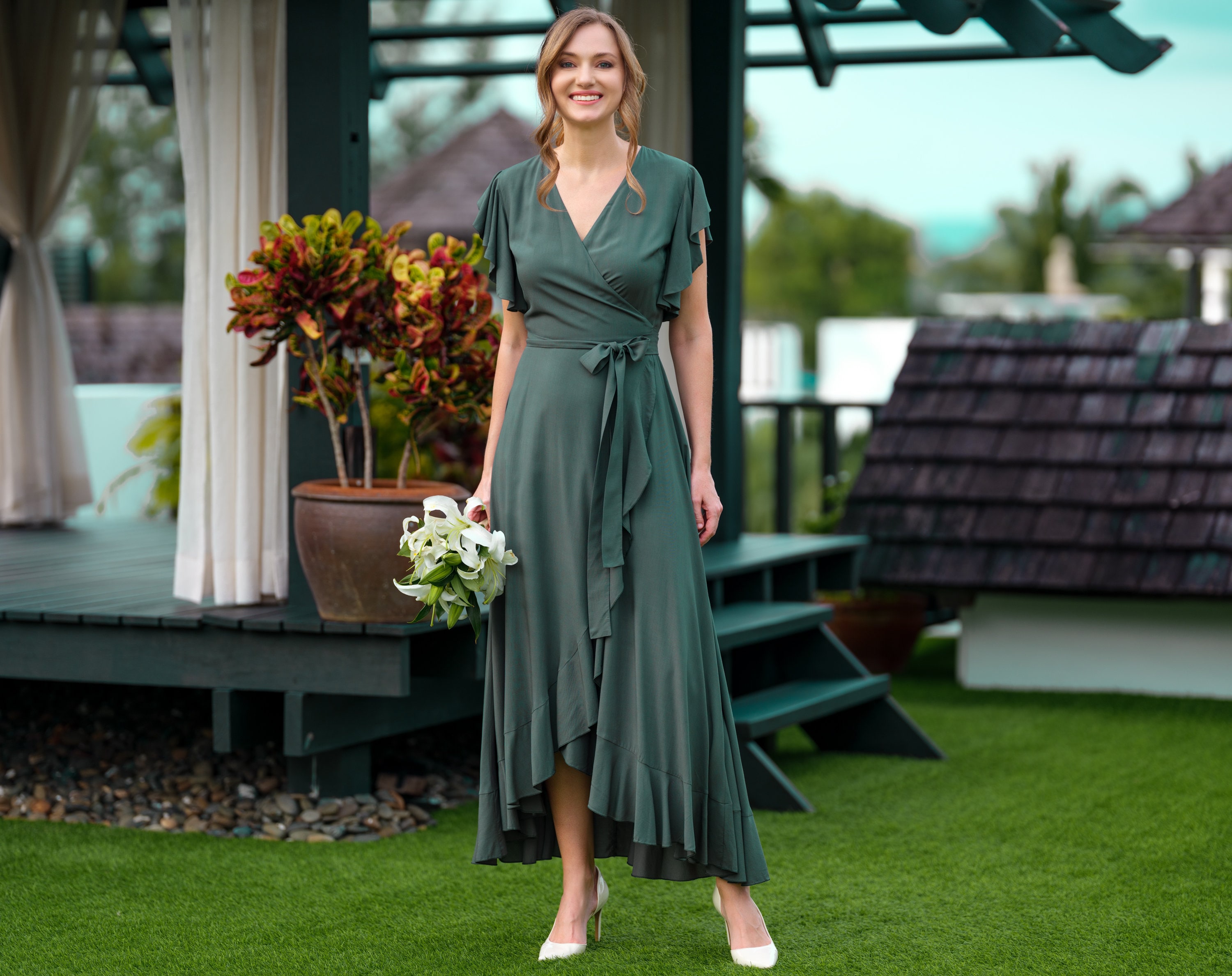 Dark Green Romantic Wrap Dress, Bridesmaids Dress, Maxi Dress, Long Dress,  Wedding Guest Dress, Formal Dress, Evening Summer Dress - Etsy