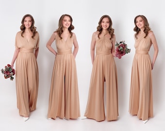 Champagne gold infinity jumpsuit, bridesmaid dresses, wedding guest dress, velvet dress, multi wrap dress, convertible dress, multiway dress