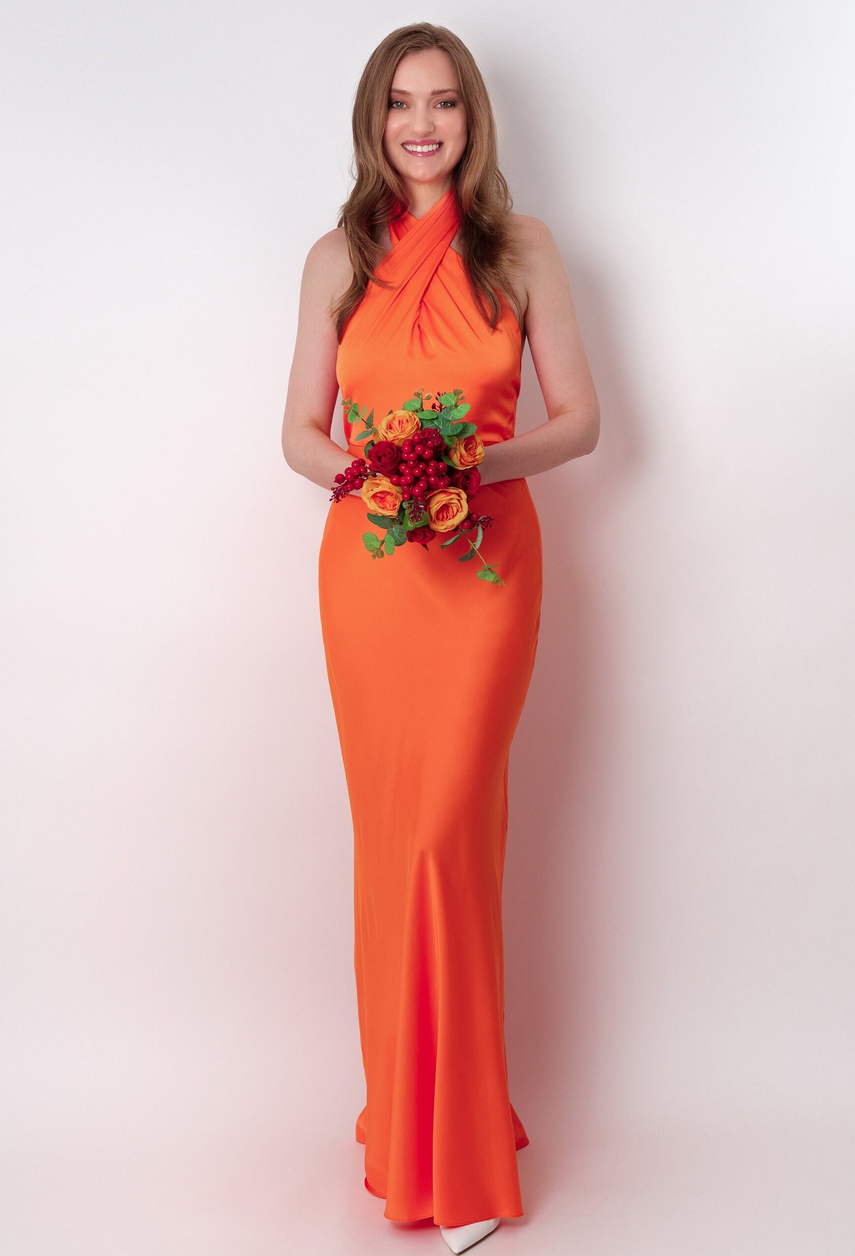 Orange silk long halter dress, bridesmaid dress, wedding guest dress, evening dress, open back dress, bridal party attire