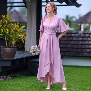 Rose pink romantic wrap dress, bridesmaids dress, maxi dress, long dress, wedding guest dress, formal dress, evening summer dress