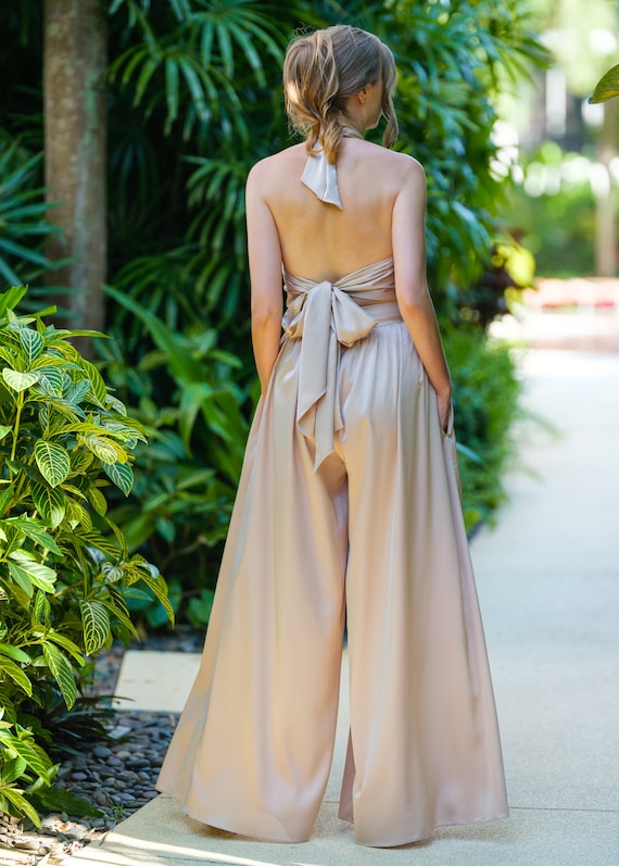 Champagne Beige Open Back Halter Silk Jumpsuit, Bridesmaid