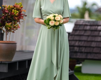 Sage Green Chiffon Bridesmaid Dress, Wedding Guest Dress, Bridesmaids Dress,  Chiffon Long Wrap Dress, Evening Dress, Formal Chiffon Dress