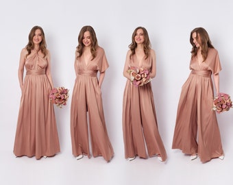 Rose gold infinity jumpsuit, silk jumpsuit, bridesmaid jumpsuit, multi wrap multiway convertible jumpsuit, bridesmaid dress